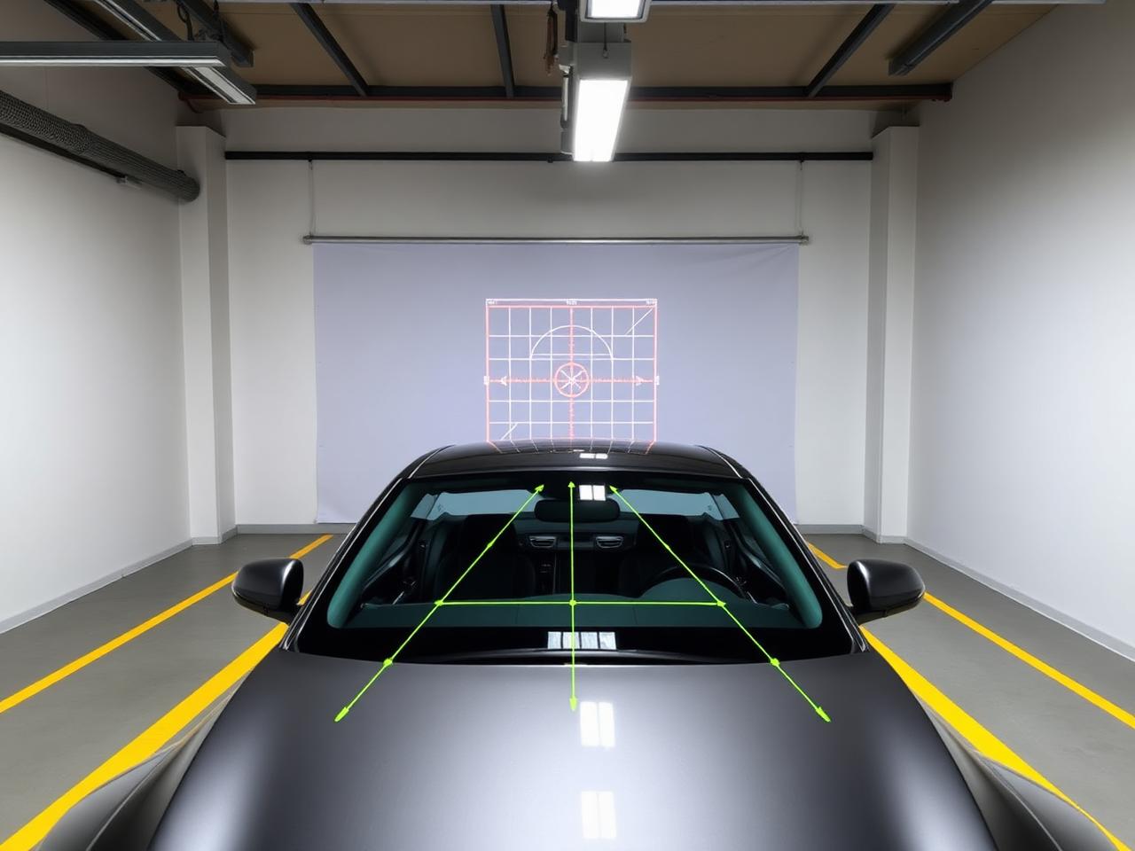 Autel ADAS calibration equipment aimed at a vehicle windshield
