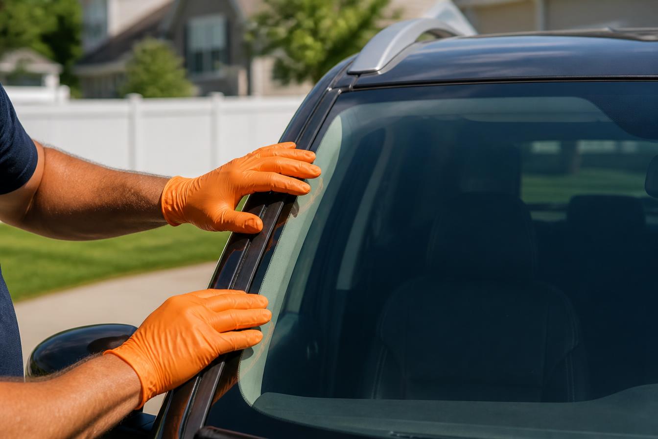Crown Auto Glass technician installing a windshield in a customer's driveway